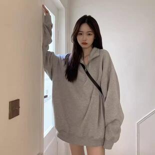 纯棉灰色polo领半拉链卫衣女春秋冬加绒加厚美式宽松慵懒薄款上衣