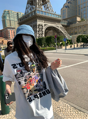 短袖美式复古常规印花纯棉女