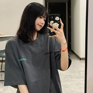 100%纯棉深灰色短袖 宽松设计感小众别致上衣潮 t恤女2025新款 夏季