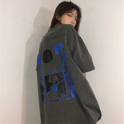 短袖美式复古常规印花纯棉女