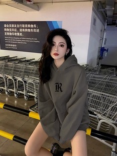 复古宽松慵懒风oversize外套 纯棉灰色连帽卫衣女秋冬加绒加厚美式