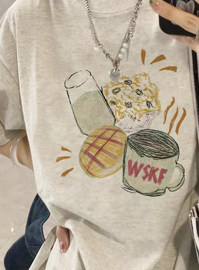 纯棉灰色短袖t恤女2025新款爆款夏季美式宽松正肩设计感半袖上衣