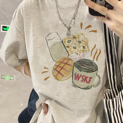 短袖重磅纯棉印花正肩夏季T恤女