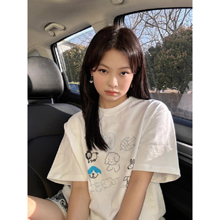 t恤女2025新款 夏季 纯棉白色短袖 爆款 上衣 宽松设计感小众美式 半袖