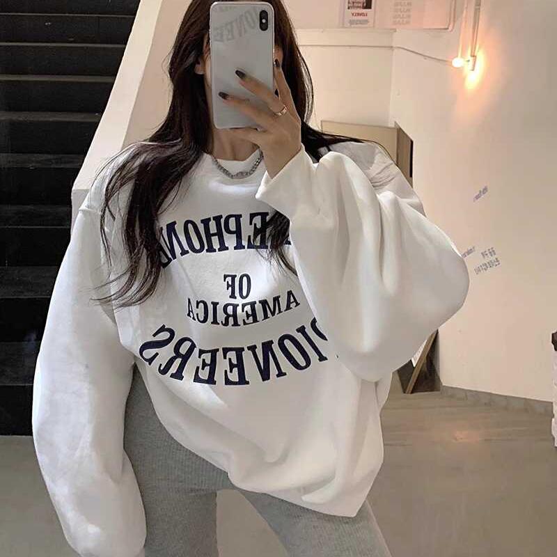 纯棉白色圆领无帽卫衣女2025新款春秋季美式宽松字母印花休闲上衣