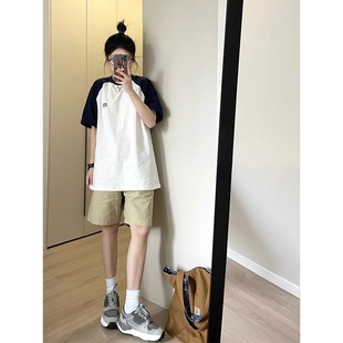 t恤女夏季 100%纯棉黑白拼接撞色插肩短袖 宽松设计感小众潮牌上衣