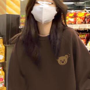 纯棉美式 圆领上衣 棕色卫衣女秋冬加绒加厚宽松慵懒chic无帽春秋款