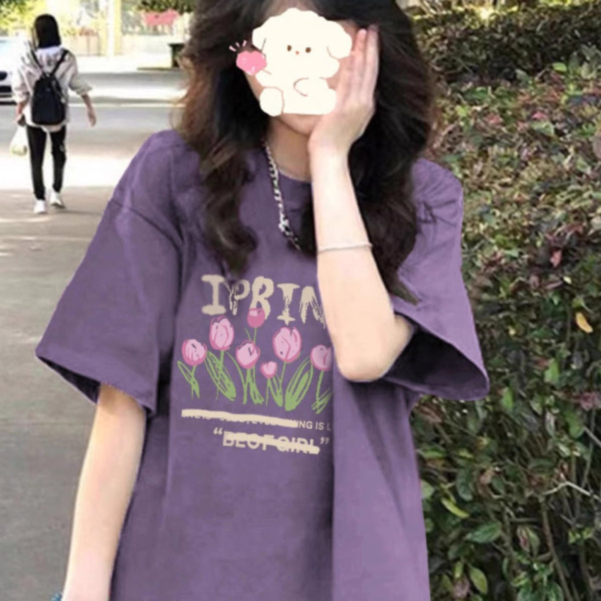 紫色大版纯棉短袖t恤女夏季美式慵懒宽松oversize半袖设计感上衣