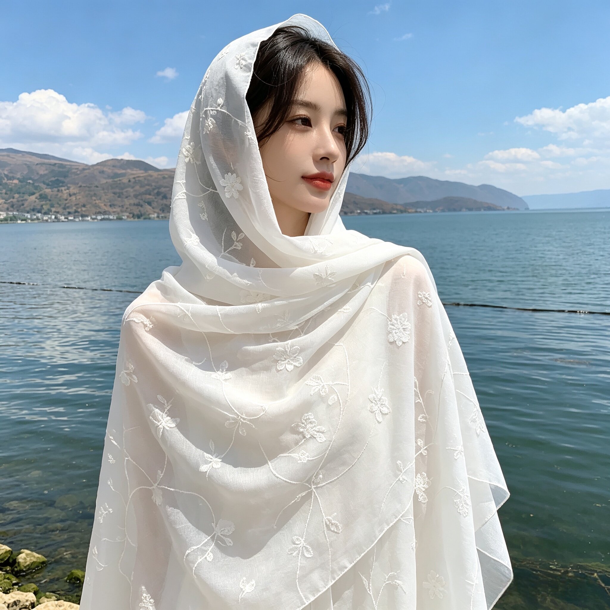 盘扣旅游民族风刺绣薄款围巾女夏季防晒披肩海边纱巾高级感丝巾