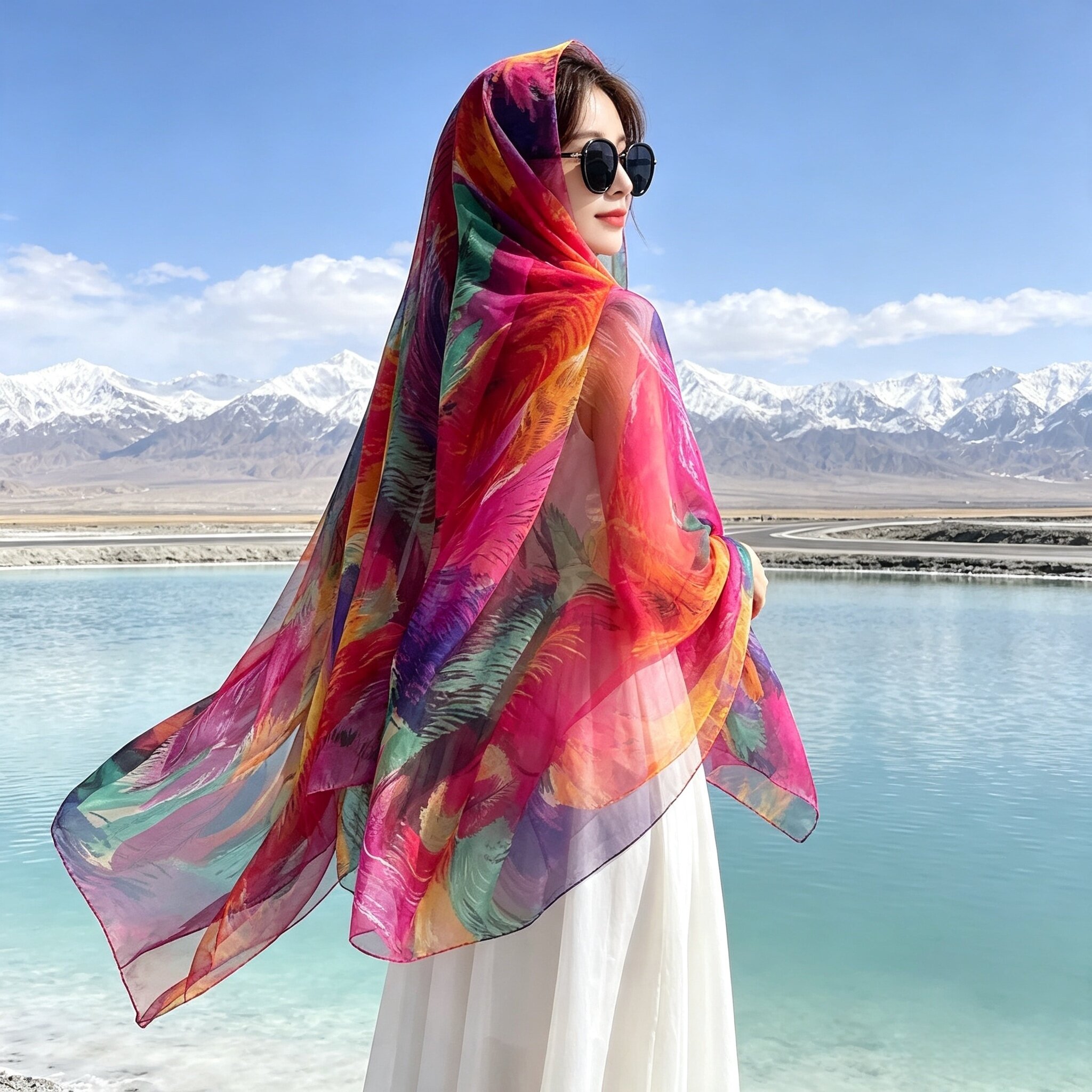 加大旅游民族风彩色印花丝巾女长款轻薄纱巾披肩百搭拍照沙滩围巾