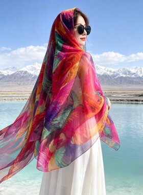 加大旅游民族风彩色印花丝巾女长款轻薄纱巾披肩百搭拍照沙滩围巾