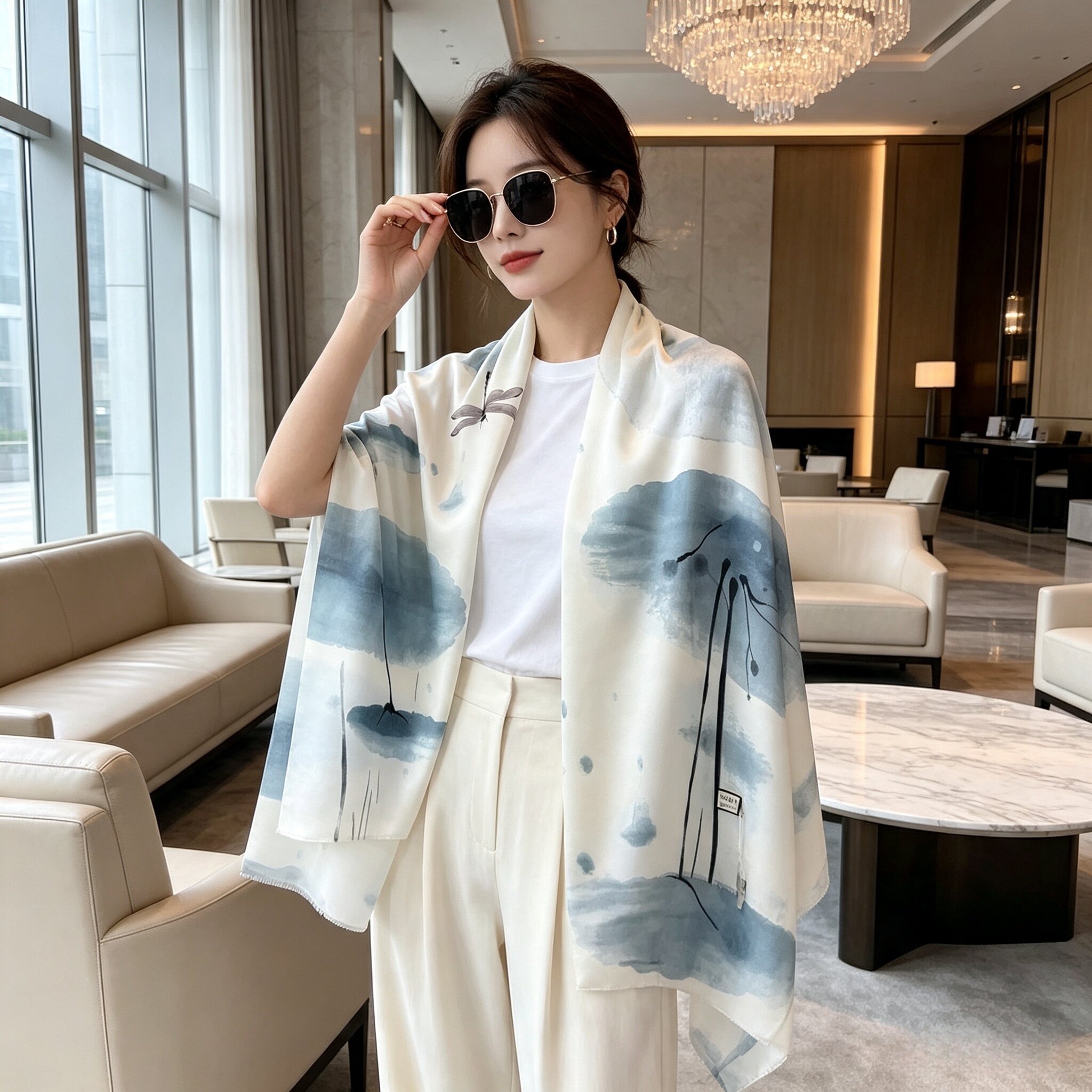 升级轻奢水墨印花丝巾女夏季防晒空调披肩保暖围巾外搭春秋高级感