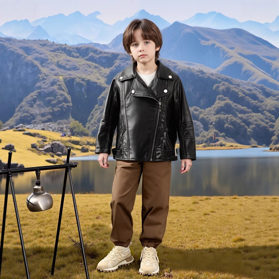 童装皮衣春秋新款中小童PU皮衣翻领韩版时尚潮男女童皮衣夹克外套