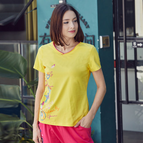 La Pagayo拉柏家雅春夏新款女装V领上衣印花短袖修身夏装短袖T恤