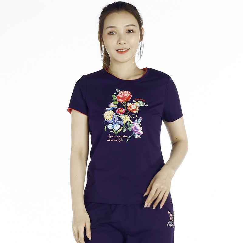 La Pagayo夏装女装针织大码修身印花弹力休闲圆领短袖T恤A0T1205A