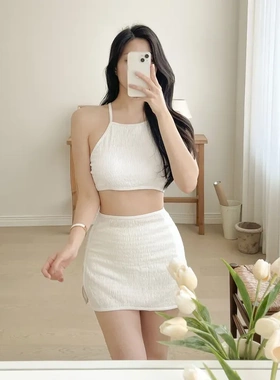 白色分体裙式比基尼游泳衣女性感吊带泡温泉小胸露背三件套泳装