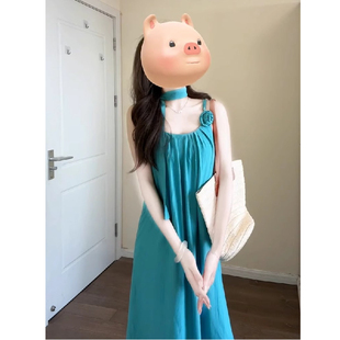 亮色系多巴胺泰式夏季挂脖吊带连衣裙女海边度假新疆旅行穿搭长裙