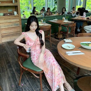 荔枝甜不甜sweetie 吊带连衣裙女夏新款收腰花边法式粉色碎花裙子