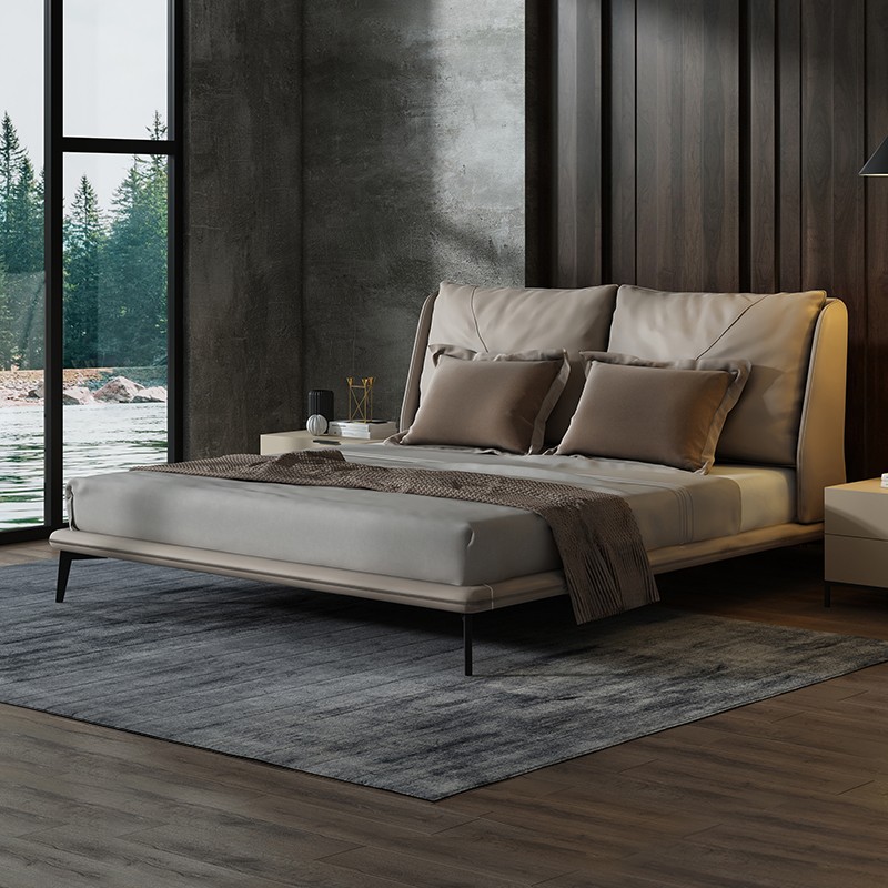 【Justin】真皮床卧室1.8米双人床全实木内架1.5米现羽绒靠包婚床