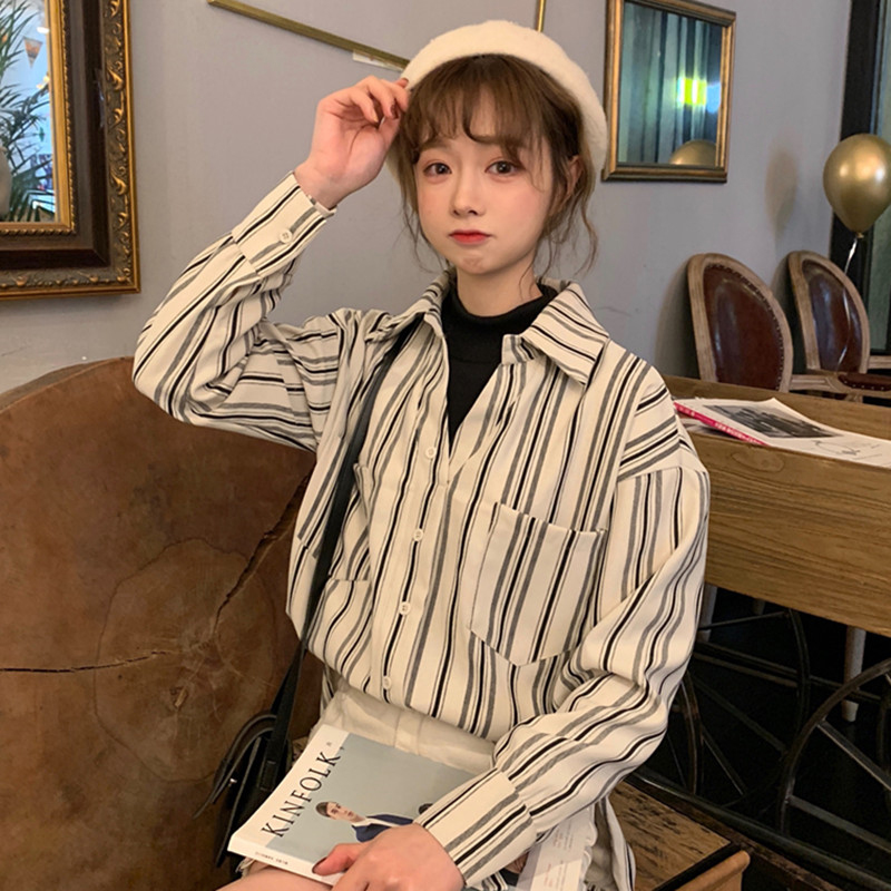 2019 Autumn new pattern Korean Edition fashion Easy Vertical stripe jacket design False two Long sleeve shirtin the Women's clothing/Boutique , Shirt  category - from Buy2taobao.com to provide professional Taobao agent buy service