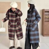 外套大衣中长款 宽松新款 加厚毛呢新疆 秋冬格子大衣复古韩版 包邮