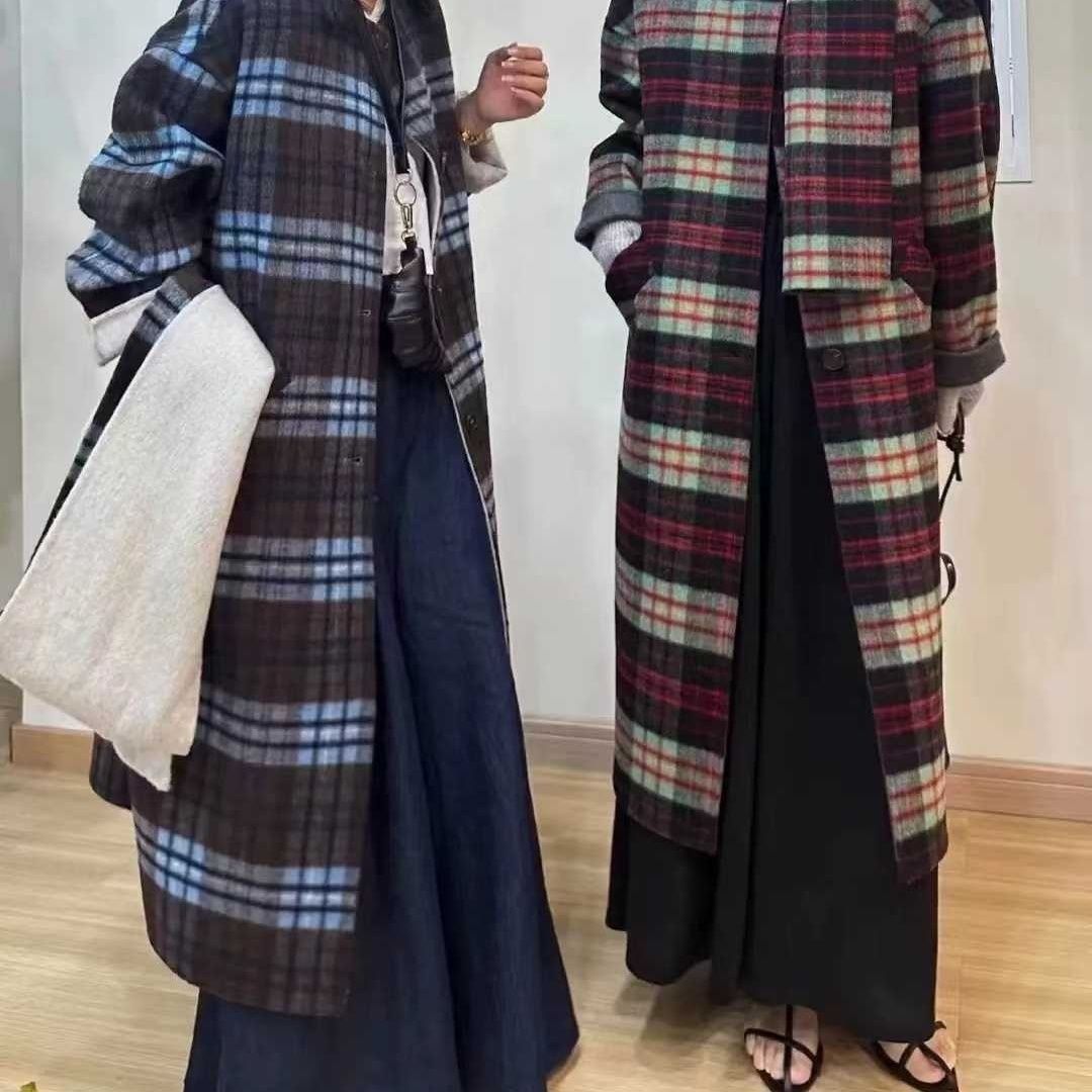 双面穿格子大衣女中长款新款秋冬毛呢外套