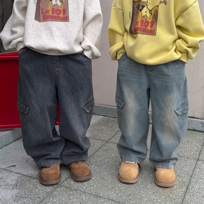 童裤2025冬季韩版男女童加绒加厚口袋牛仔工装裤儿童潮酷休闲直筒