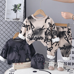 宝宝冬装加绒加厚套装男童秋冬季帅气卫衣两件套婴儿童小孩衣服潮