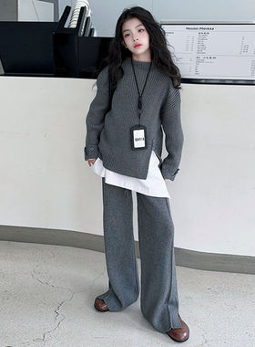 女童秋冬毛衣套装2025新款韩版中大童深灰色韩系针织上衣阔腿裤潮