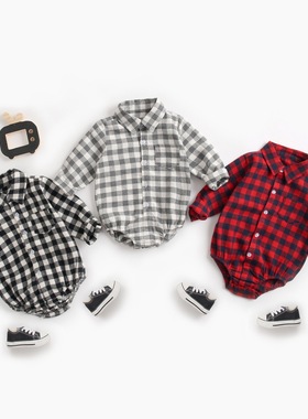 婴幼儿服饰秋冬格子男宝宝哈衣长袖衬衣款婴儿爬服newborn春秋ins