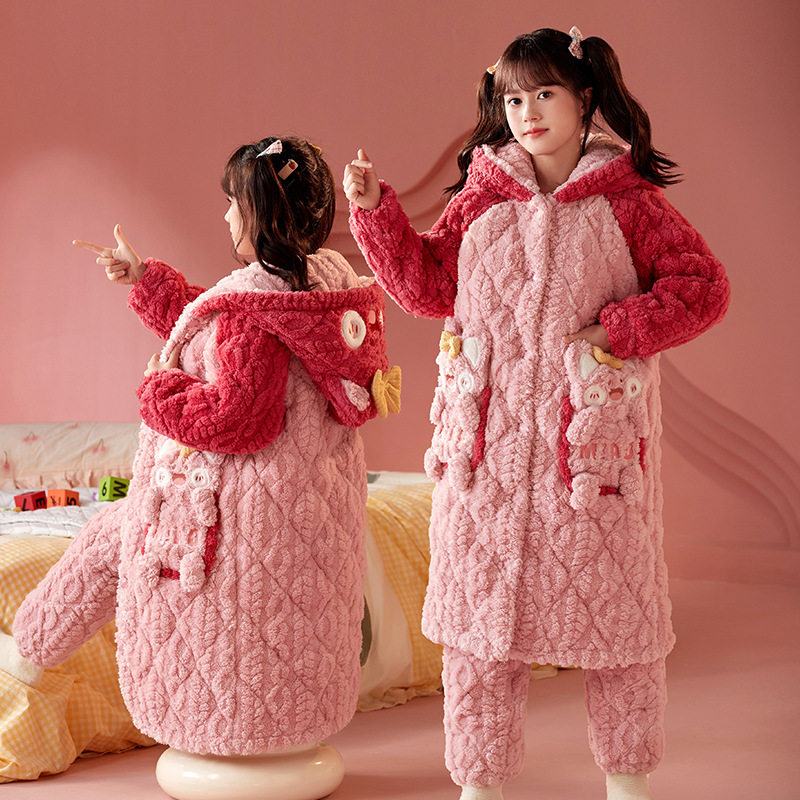 2025女童男孩三层夹棉睡衣冬季珊瑚绒加绒加厚新款法兰绒儿童睡袍