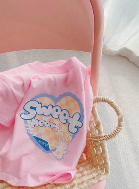 童装纯棉女童短袖t恤儿童白色半袖韩版宝宝上衣洋气可爱粉色上衣