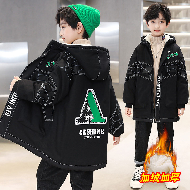 男童加绒外套派克服2025新款中大童男孩中长款冬款洋气棉衣加厚潮