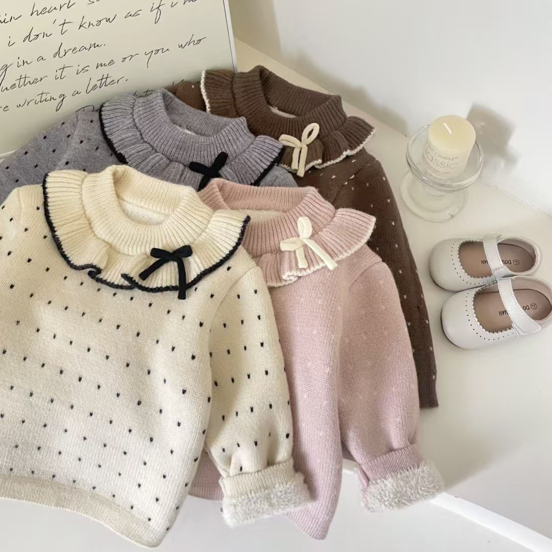 女童加绒毛衣打底衫冬装新款宝宝加厚洋气长袖针织衫儿童花边上衣