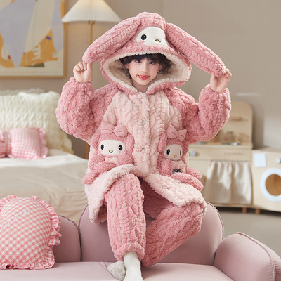 2024女童三层夹棉珊瑚绒12月睡衣冬季加绒加厚冬款儿童女孩家居服