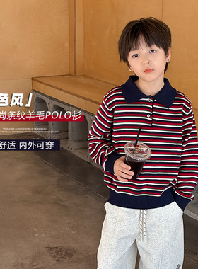 艾摩贝贝2025秋儿童撞色POLO针织衫男女童羊毛混纺条纹翻领毛衣潮
