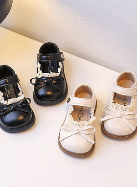 女童小皮鞋春秋新款经典黑色公主风花边单鞋小女孩气质软底休闲鞋