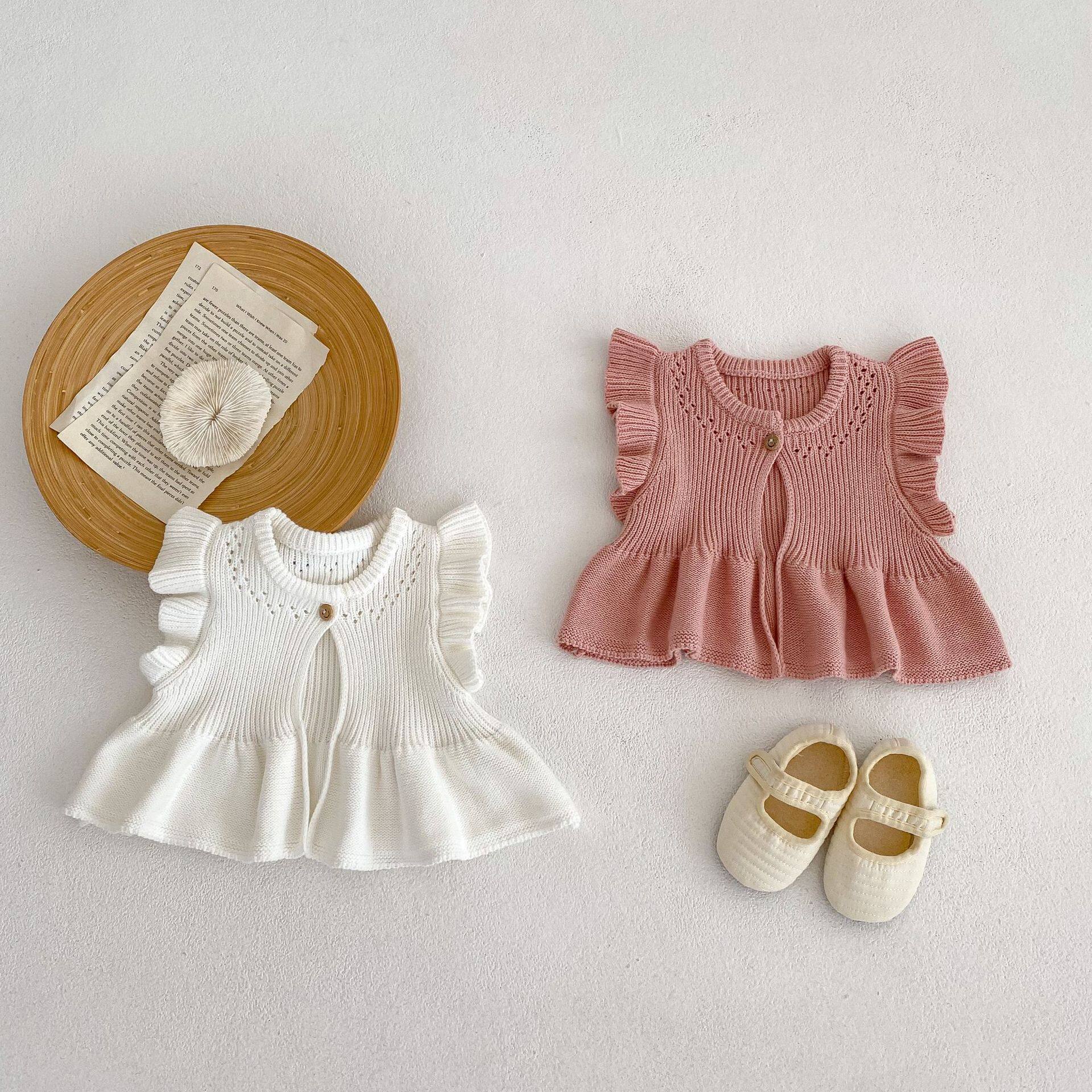 2025春装婴幼儿童女宝宝毛线衣针织镂空飞袖纯色马甲开衫外套百搭