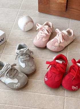 ins儿童德训鞋2025春秋季新款韩版女童蝴蝶结绣花蕾丝花边阿甘鞋