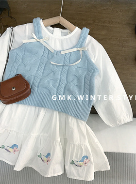 韩国童装女童春秋款蓝色蝴蝶结毛线马甲女宝宝人鱼绣花连衣裙外贸