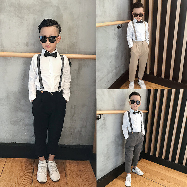 童装背带裤套装 儿童长西裤长袖衬衫领结背带4件套演出服一件时尚