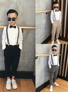 童装背带裤套装 儿童长西裤长袖衬衫领结背带4件套演出服一件时尚