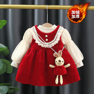 外贸童装秋冬女童新款喜气红色礼服裙儿童加绒打底衫背心裙子4368