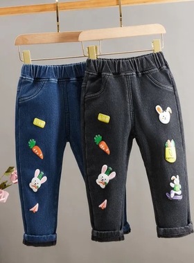 秋冬新款女童一体加绒牛仔裤子冬季休闲百搭中小童女宝宝一体绒裤