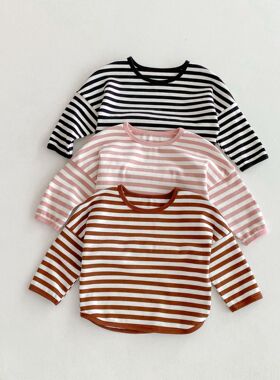 童装秋季新款儿童条纹T恤男童落肩女童打底衫宝宝内外穿春秋上衣