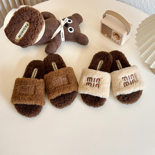 韩版字母毛毛拖鞋女童2025年秋冬季新款儿童时尚百搭厚底居家拖鞋
