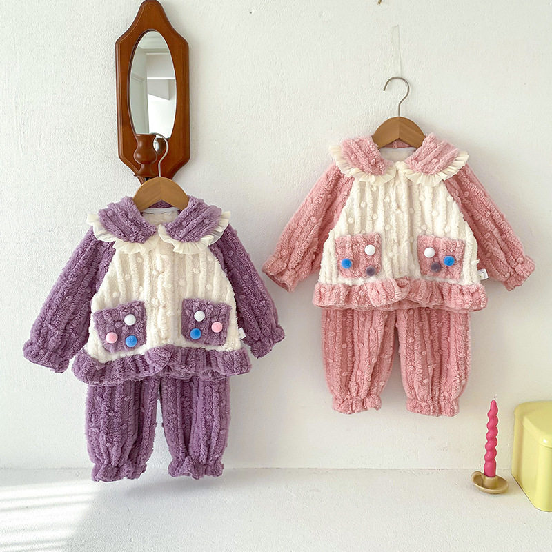 点兮婴幼儿家居服套装冬装女宝宝珊瑚绒居家服冬季睡衣保暖两件套