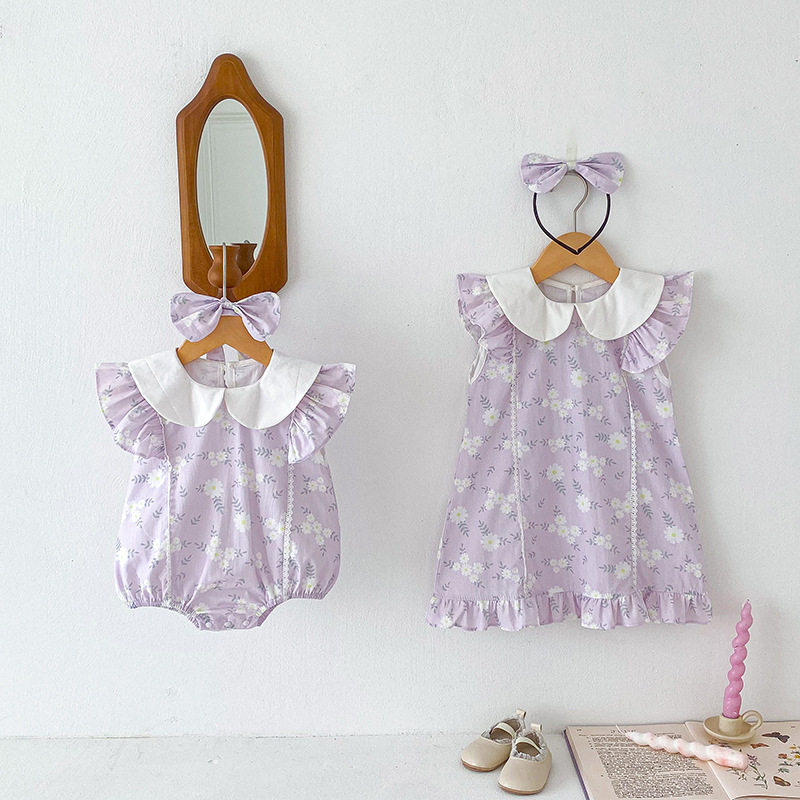 26夏季婴儿衣服女宝花边爬服女童A字版连衣裙姐妹装包屁衣加厚