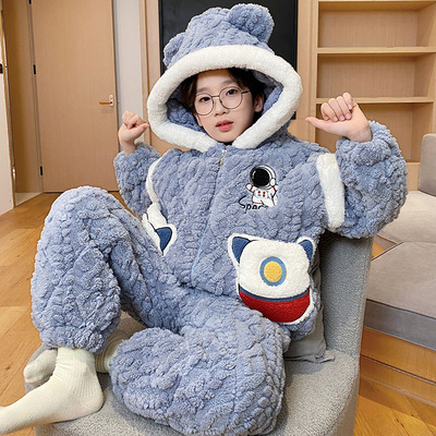 男童睡衣三层夹棉珊瑚绒冬季加厚加绒款12月儿童男孩法兰绒家居服