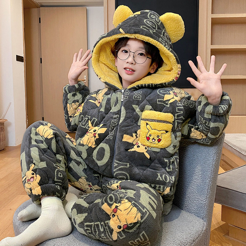 2024男童睡衣珊瑚绒冬季加厚款睡袍三层夹棉儿童男孩法兰绒家居服